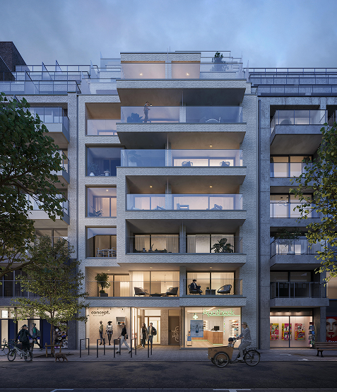 Nieuwbouwproject ZLN100 op de Zeelaan in De Panne: appartementen met terrassen en 2 commerciële ruimtes.